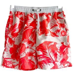 Onia Swim Trunks Shorts Pocket Drawstring Hibiscus Tropical Fiery Coral White 10